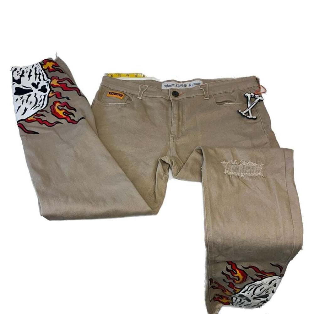 Brand X Mens 40 Beige Jeans With Skull Flame Graphics & Distressed Knees -